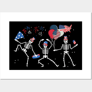 Dancing Skeleton 4th of July American Flag Skellies Posters and Art